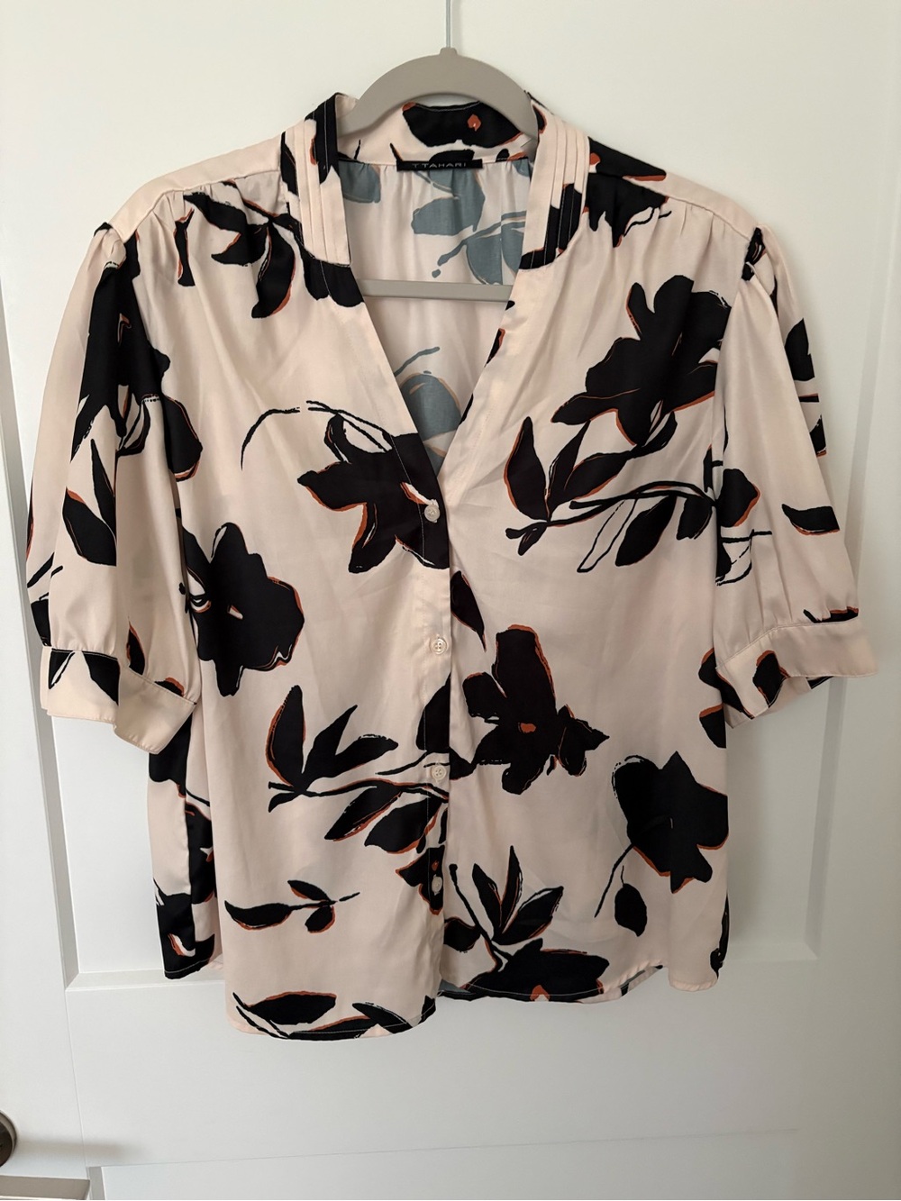 Tahari cream Button-Down Blouse with Black Floral Print